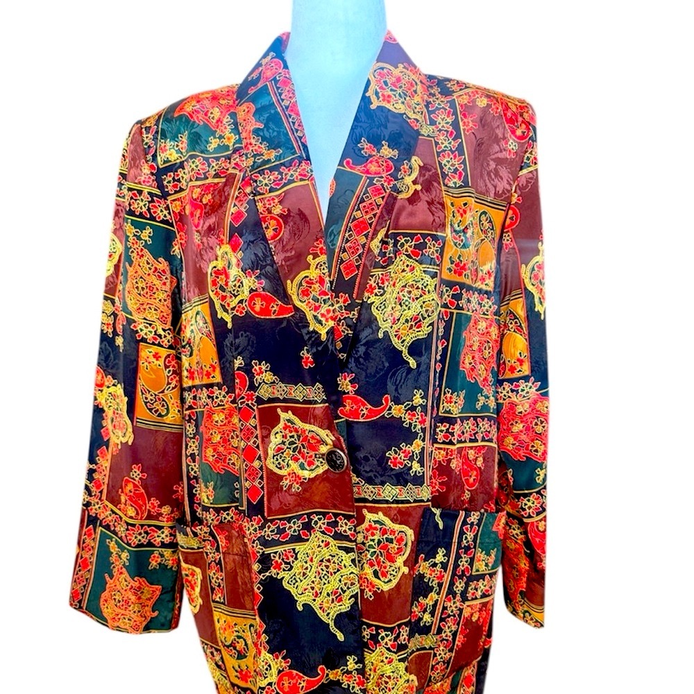 Vintage Women's Multicolor Patterned Blazer - Black, Red, Green, Gold & Brown